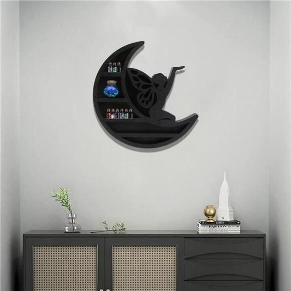 Wall Mounted Moon Shelf Crystal Display Stand Floating Wood Shelf Room Decor - Picture 6 of 7